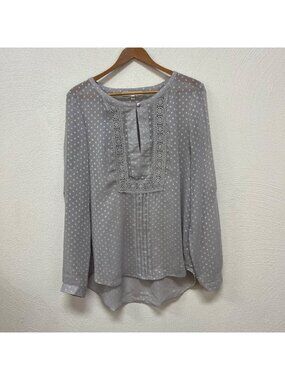 Daniel Rainn Polkadot Gray Textured Sheer BOHO 3/4 Sleeve Blouse sz Large